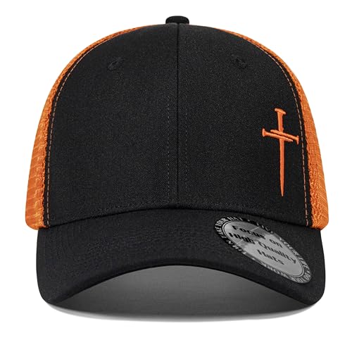 Christian Hats for Men Women,Jesus 3 Nail Cross Hat Christian Religious Gifts for Birthday/Christmas - color: 08.black-orange
