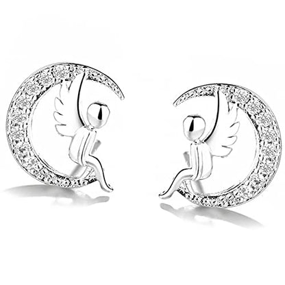 Silver Angel Wing Earrings for Women, Cute Moon Studs