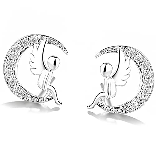Silver Angel Wing Earrings for Women, Cute Moon Studs