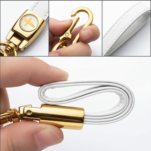 Christian Cross Leather Keychain for Men – Christian Gift for Dad Husband Son - color: White/Gold – God is Greater