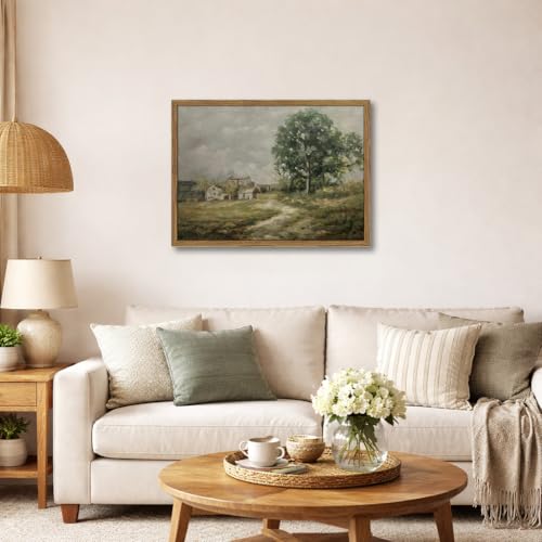 Framed Countryside Landscape Wall Art Vintage Rustic Farmhouse Path Pictures Wall Decor Painting Classic Nature Pastoral Scenery Canvas Prints for Living Room Bedroom Office-16×24in - color: Country Scene, size: 24"L x 16"W