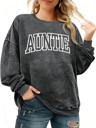 Womens Auntie Sweatshirt Auntie Letter Print Crewneck Long Sleeve Pullover Top Women Embroidered Sweatshirt - color: Darkgrey, size: XX-Large