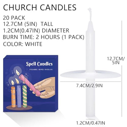 20 Pack Church Candles with Drip Protectors for Devotional Candlelight Vigil Service, Box of 20 Candles, Unscented White 5" H X 1/2" D