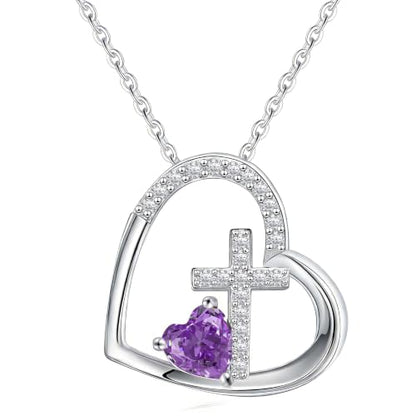 JSJOY Cross Necklace Christian Gifts for Women Heart Birthstone Necklace Religious Birthday Gifts for Mom Daughter Christmas Stocking Stuffers Baptism Confirmation Gifts for Teens - color: Silver - 06 Alexandrite
