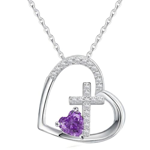 JSJOY Cross Necklace Christian Gifts for Women Heart Birthstone Necklace Religious Birthday Gifts for Mom Daughter Christmas Stocking Stuffers Baptism Confirmation Gifts for Teens - color: Silver - 06 Alexandrite