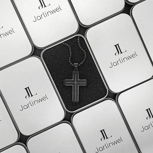 Wooden Cross Necklace for Men, Natural Ebony Mens Cross Necklaces Black Stainless Steel Christian Wood Crucifix Pendant，with Necklace 24" Box Chain - color: Black-Inlaid Ebony