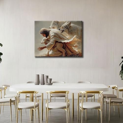 RJETZMU Jesus Good Shepherd Canvas Wall Art, Gallery Wrapped Print, 12x16 - color: Jesus sacrificed his life, size: 16"L x 12"W