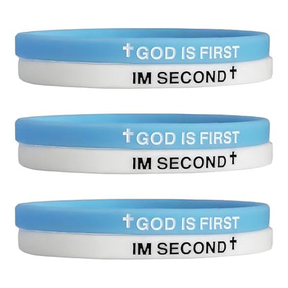 LIU JUN God Is First Bracelet, GOD IS FIRST IM SECOND Christian Rubber Bracelets Inspirational Engraved Bible Verses Cross Silicone Bracelet For Women Men Faith Gifts - color: 3pcs blue-white