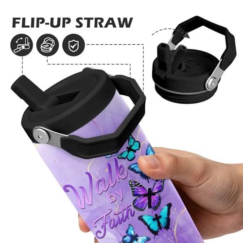 Hiboss Christian Gifts for Women Faith, Butterfly Tumbler with Handle and Flip Straw 28oz, Insulated Stainless Steel Travel Cup Mug, Inspirational Religious Birthday Gift for Her - color: Butterfly - 01
