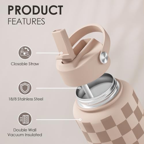SANDJEST Checkerboard Water Bottle 32oz Stainless Steel with Lid & Straw, Beige Checker Insulated Bottles for Women Girls, Gift Idea for Christmas Birthday - color: Checker