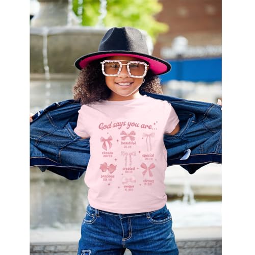 KEEVICI Cute Girls Bow God Shirt Christian Graphic Tees Jesus Shirts for Kids Bible Verse Inspirational Religious T Shirts - color: Pink, size: 9-10 Years