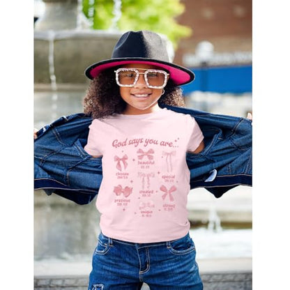 KEEVICI Cute Girls Bow God Shirt Christian Graphic Tees Jesus Shirts for Kids Bible Verse Inspirational Religious T Shirts - color: Pink, size: 9-10 Years