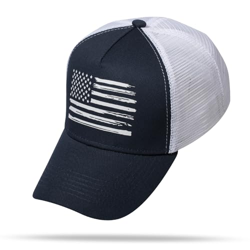 Baseball Cap, American Flag Trucker Hat for Men Women, Breathable Adjustable Fit Outdoor Mesh Snapback Hats - color: Navy/White Flag