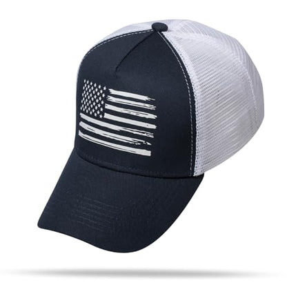 Baseball Cap, American Flag Trucker Hat for Men Women, Breathable Adjustable Fit Outdoor Mesh Snapback Hats - color: Navy/White Flag