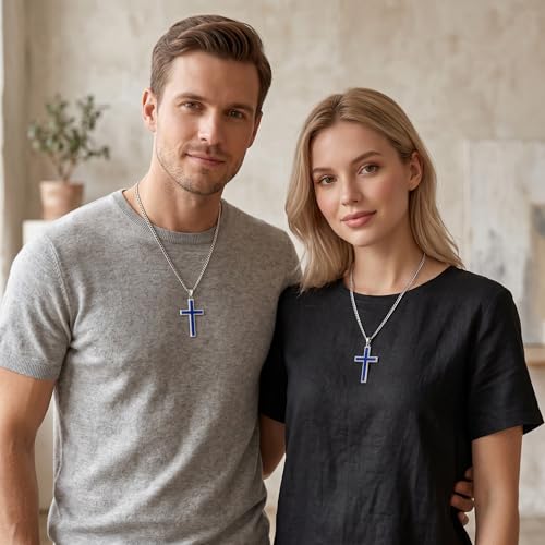 MRENITE Silver Natural Stone Cross Necklace, Classic Latin Cross Pendant Necklace for Unisex Women Man, Vintage Crystal Quartz Cross Necklace with 20+2 Inches Adjustable Cuban Chain - style: Lapis