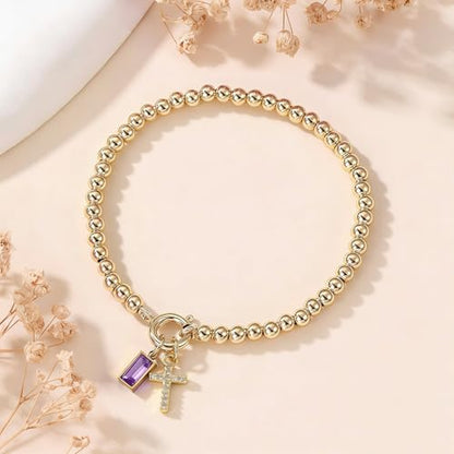 Korotho Cross Birthstone Bracelet for Women - Dainty Elastic 14K Gold Plated Bead Bracelets Trendy Waterproof Non Tarnish Birthday Jewelry Gifts Birthday Christmas Stocking Stuffer for Mom Friends - color: 02-February(Amethyst)