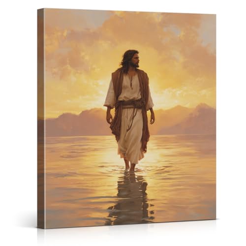 Christian Vintage Jesus Wall Art Jesus Walking Water Canvas Print Framed - color: color-O