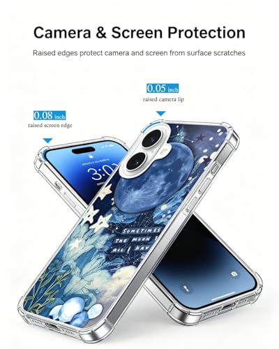 Blue Moon Sky Stars Aesthetic Phone Case Compatible with iPhone 17, Celestial Flowers Phone Cover for iPhone 17 - color: Blue Moon Sky