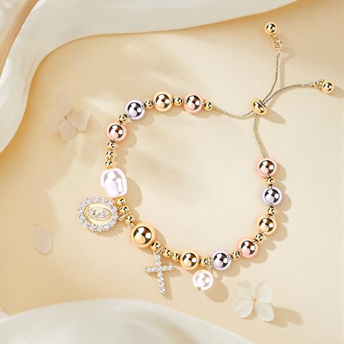 Rosary Cross Bracelet for Women, Gold Virgin Mary Rosary Beads Catholic Bracelet - style: big beads