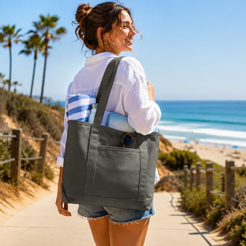 DALIX 20" Solid Color Cotton Canvas Shopping Tote Bag in Asphalt Gray - color: Asphalt Gray