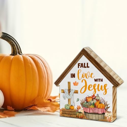 Christian Fall Decor, Fall in Love with Jesus House Shaped Wood Block Sign - color: Jesu-2