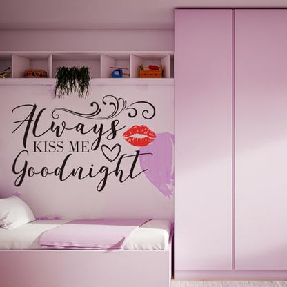PLIGREAT 2 Sheets Romantic Red Lip Wall Sticker Always Kiss Me Goodnight Quotes Wall Decals Love Art Letters Removable Stickers for Bedroom Living Room Bathroom Decor Couples Home Decor - style: Kiss Me Goodnight
