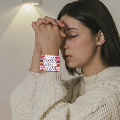 24Pcs Jesus Loves You Bracelets Bulk Handmade Clay Beads Bible Verse Bracelets Christian Friendship Jewelry Christmas Easter Gifts for Women Teen - color: Friendship 24-8