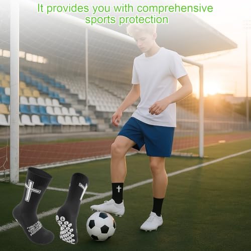 Christian Soccer Socks,Cross Grip Anti Slip Religious Football Socks with Rubber Dots for Youth and Men - color: White and Black