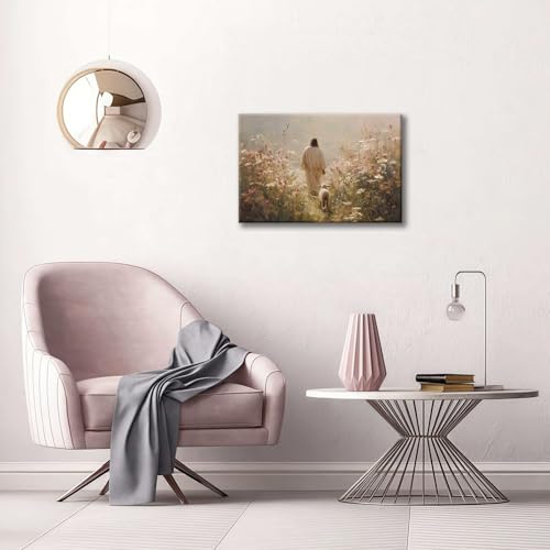 Framed Jesus Wall Art Jesus and the Lamb Walking Among Flowers Christian Poster Print Religious Art Canvas Painting for Living Room, Church, Prayer Room, Bedroom, etc., 12x16 in - color: Jesus Wildflower Sheep3, size: 12x16 Inches