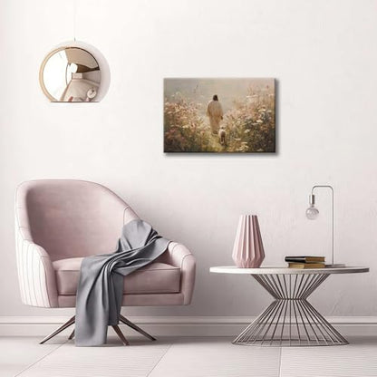 Framed Jesus Wall Art Jesus and the Lamb Walking Among Flowers Christian Poster Print Religious Art Canvas Painting for Living Room, Church, Prayer Room, Bedroom, etc., 16x24 in - color: Jesus Wildflower Sheep3, size: 16x24 Inches