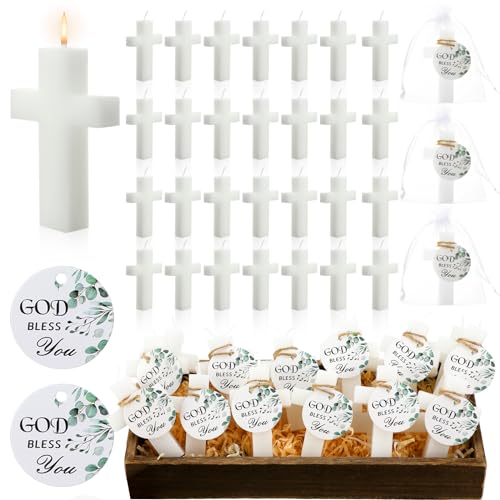 MTLEE 36 Set Baptism Favor Candles Cross Candles Baby Shower Favors Religious Holy Communion Christening Gifts for Christian Guests Party Wedding Birthday(Eucalyptus Tag) - style: Eucalyptus Tag