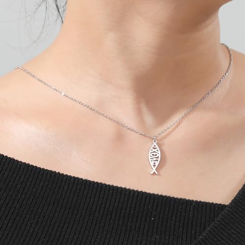 Ichthus Necklace for Women Christian Jesus Fish Necklace Christ Fish Cross Ichthys Pendant Necklace Ichthus Fish Religious Symbol Pendant Christian Jewelry Gift - color: Jesus Fish silver