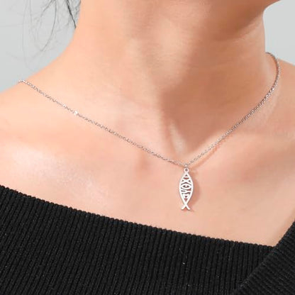 Ichthus Necklace for Women Christian Jesus Fish Necklace Christ Fish Cross Ichthys Pendant Necklace Ichthus Fish Religious Symbol Pendant Christian Jewelry Gift - color: Jesus Fish silver