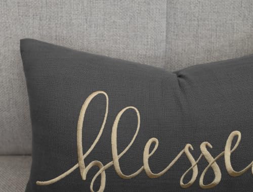 EURASIA DECOR Blessed Embroidered Lumbar Pillow Cover 12x20, Dark Grey - color: Dark Grey