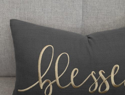 EURASIA DECOR Blessed Embroidered Lumbar Pillow Cover 12x20, Dark Grey - color: Dark Grey