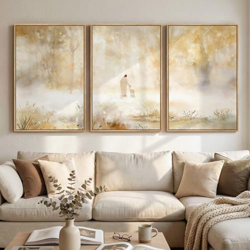 Large Framed Christian 3 Piece Wall Art Jesus Leaves the 99 Sheep, 24X36 in - color: Leaves the 99, size: 24"W x 36"H