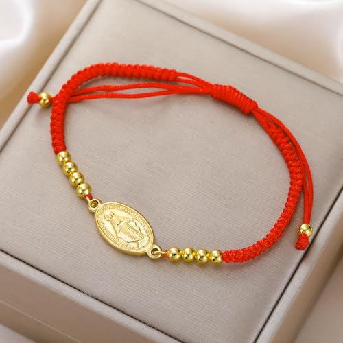 VASSAGO Virgin Mary Bracelet for Women Men Double-Sided Virgen de Guadalupe Rosary Bracelet Medal Handmade Braided Rope Catholic Christian Religious Jewelry Gift - color: gold-red string