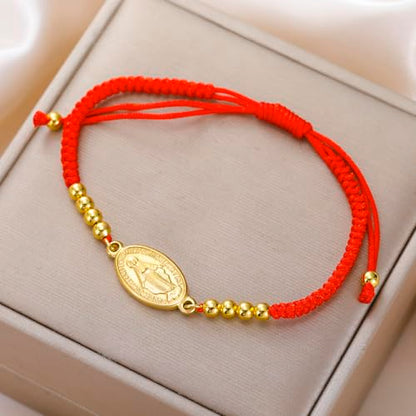 VASSAGO Virgin Mary Bracelet for Women Men Double-Sided Virgen de Guadalupe Rosary Bracelet Medal Handmade Braided Rope Catholic Christian Religious Jewelry Gift - color: gold-red string