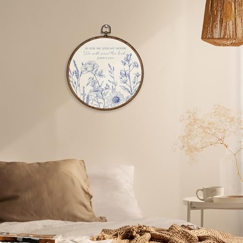 XBBMGG Navy Blue Floral Christian Wall Art Decor, Bible Verse Scripture Round Wall Hanging Decor, As for Me and My House Framed Canvas Prints for Home Bedroom Living Room Church Decorations, 10x10inch - color: As for Me and My House, size: 10"L x 10"W
