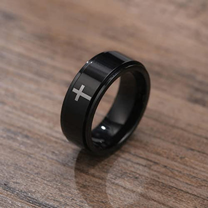 6mm/8mm Titanium Steel Black/Silver/Gold Fidget Ring Engraved Small Cross Stainless Steel Spinner Rings Stress Relieving Anxiety Ring Engagement Wedding Promise Band for Women Men Size 5-15 - color: 8mm Black