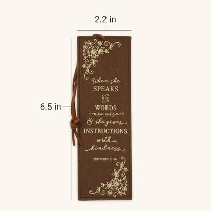 Christian Art Gifts Premium Faux Leather Bookmark for Women: Proverbs 31:26 - color: Brown - Proverbs 31 Woman