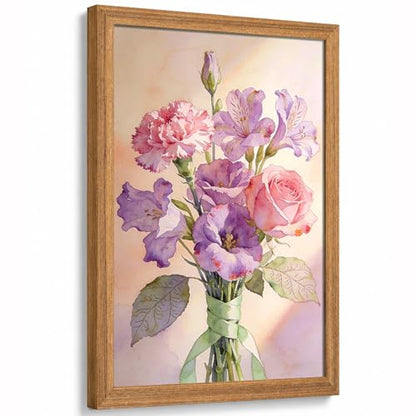 Pink Flowers Canvas Wall Art, Framed Abstract Bouquet Artwork Prints16x24In - color: Watercolour Wall Art, size: 24"L x 16"W
