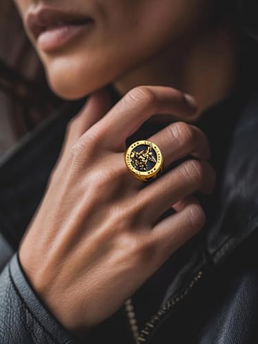 Saints Michael Ring for Men, 18K Gold Plated/Black Metal, St. Michael San Miguel The Great Protector Archangel Defeating Satan Figurine Stainless Steel Amulet Rings, Size 7-14, Send Gift Box - color: C-Gold Plated