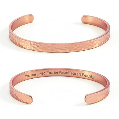 Inspirational Bible Verse Cuff Bracelet for Women, 18K Gold Plated Hammered Bangle, Christian Faith Jewelry Gift, Adjustable Non Tarnish - color: You are Loved! You are Valued! You are Beautiful!-Hammered Rose Gold