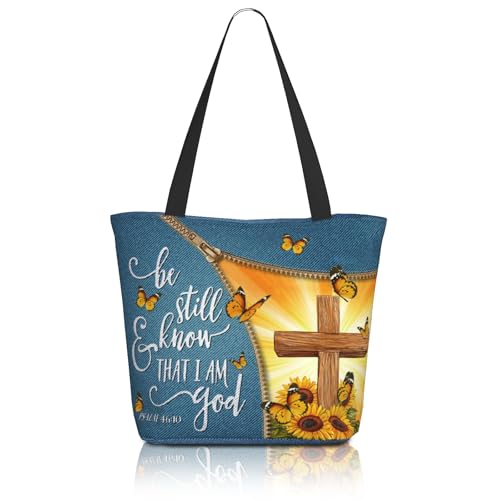 Women's Canvas Tote Bag with Zipper, Large Capacity Shoulder Bag for Work, Travel & Daily Use, Gifts for Mom - color: Be Still and Know That I Am God