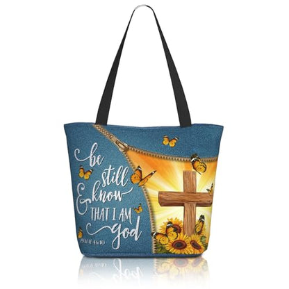 Women's Canvas Tote Bag with Zipper, Large Capacity Shoulder Bag for Work, Travel & Daily Use, Gifts for Mom - color: Be Still and Know That I Am God