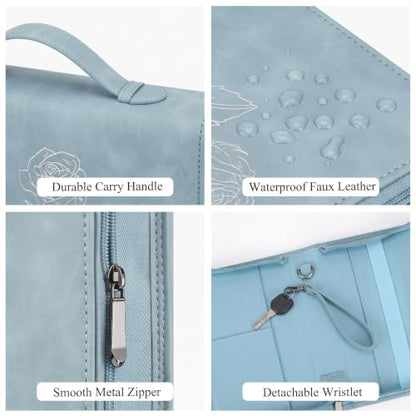 Bible Cover for Women - Leather Study Case with Bookmark, Supplies Carrying Bag Tote with Strap, Personalized Book Organizer for Journaling (Blue)