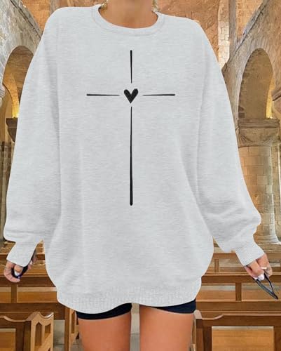 Christian Sweatshirts for Women Embroidered Jesus Cross Heart Print Shirt Inspirational Oversized Religious Pullover - color: Grey, size: Large