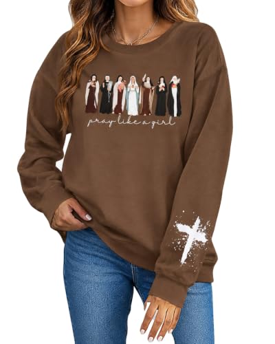 MOUSYA Women Christian Sweatshirt Psalms 91 Sleeve Print Sweatshirt Bible Verse Pullover - color: Brown-412, size: Large