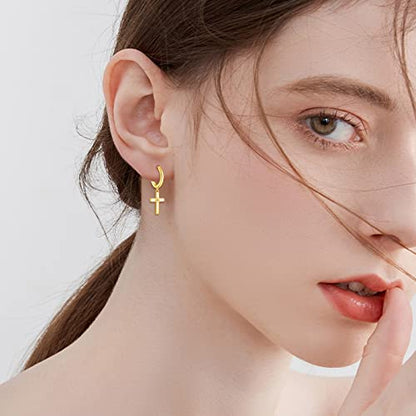AOBOCO Black Hoops Earrings for Men Sterling Silver Viking Celtic Cross Heart Skull Round Triangle Hoop Earrings Birthday Father Day Christmas Jewelry Gifts for Men Women Friends - style: Gold Cross Hoops